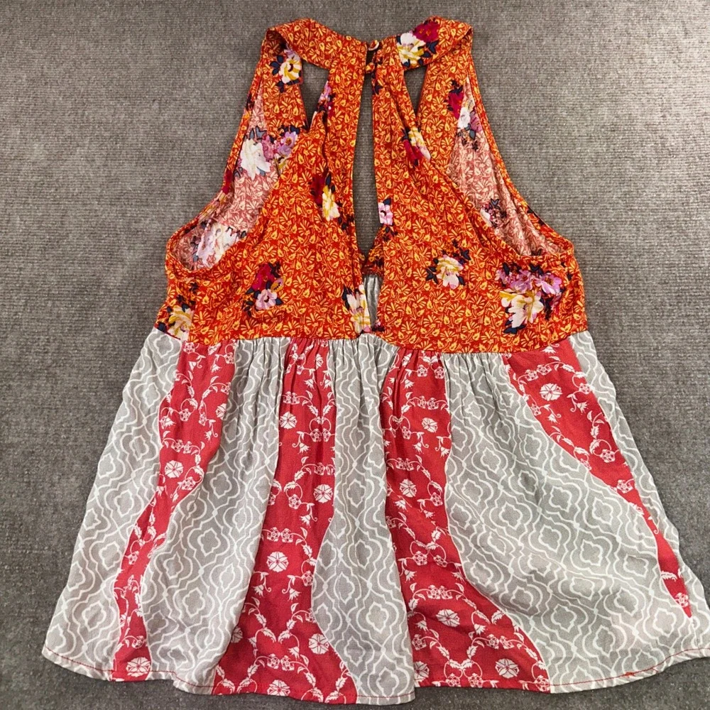 Free People Mixed Print Babydoll Halter Tank Top Orange Red Floral Boho Small